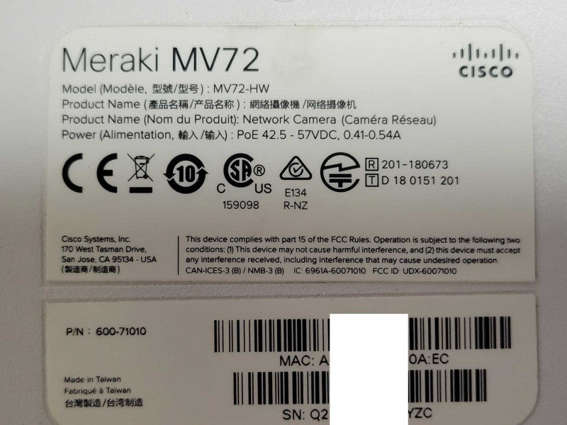 Cisco MV72-HW Meraki IP Dome Camera, UNCLAIMED _