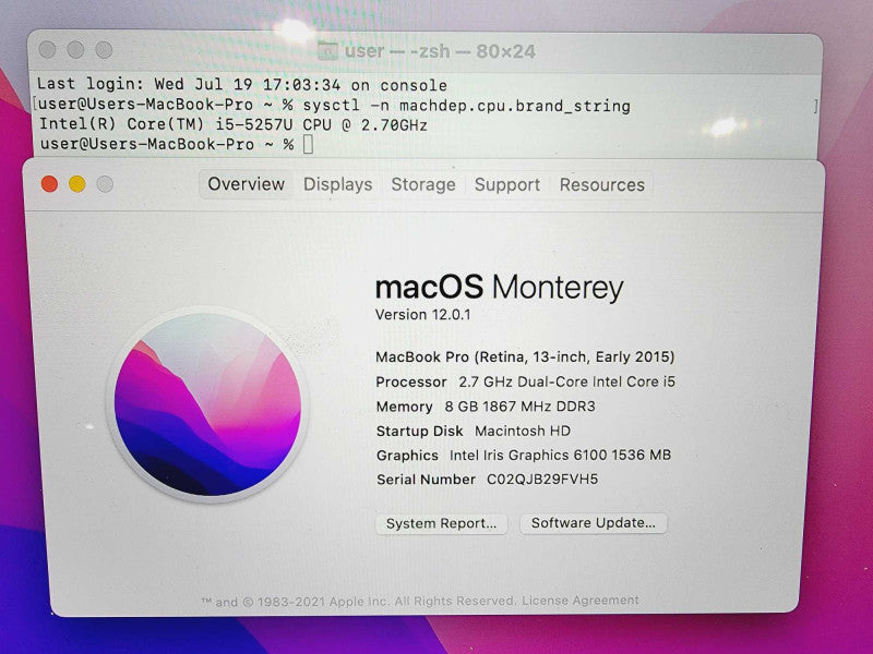 Apple Macbook Pro 2015 13\\" Core i5-5257U @ 2.7GHz 8GB DDR3 250GB SSD (