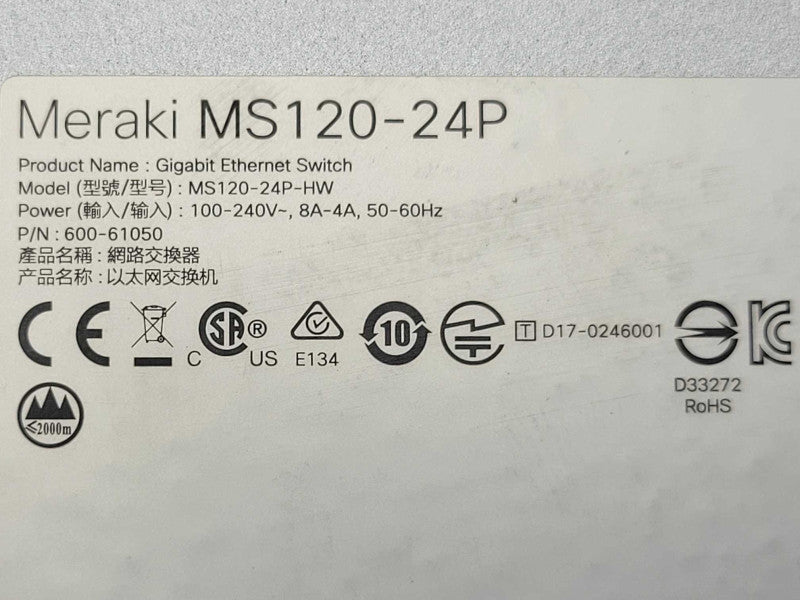 Cisco Meraki MS120-24P-HW Cloud Managed Ethernet Switch 24-Port CLAIMED Q_