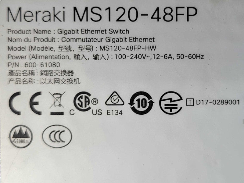 Cisco Meraki MS120-48FP-HW 48-Port Gigabit Ethernet Switch - CLAIMED, READ _