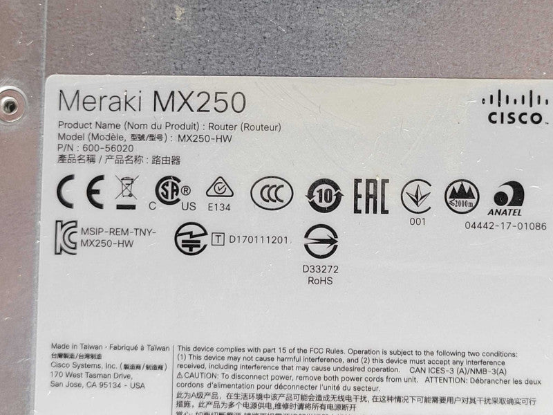Cisco Meraki MX250-HW Cloud Managed Security Appliance, CLAIMED, READ _