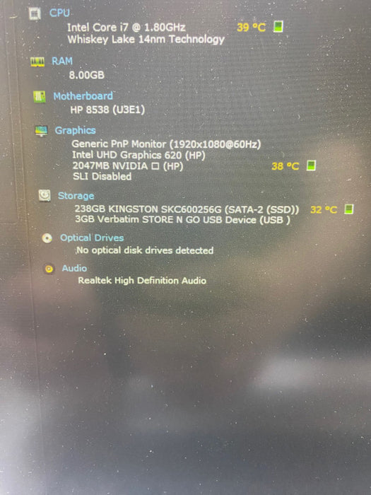 HP ProBook 450 G6 Laptop i7-8565U NVIDIA GeForce MX130 2GB 8GB RAM 256 GB SSD