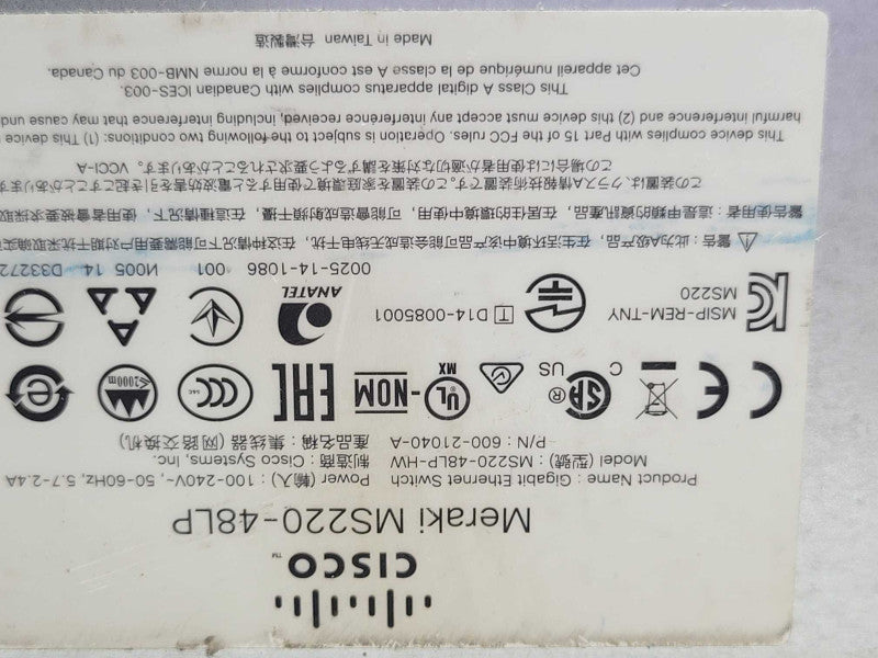 Cisco Meraki Unclaimed MS220-48LP-HW 48 Port Switch CLAIMED, AS-IS _