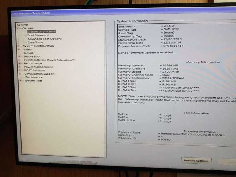 Dell Precision Tower 3420 SFF Intel Core i7-7700 CPU @ 3.60GHz 16GB DDR4 Ram