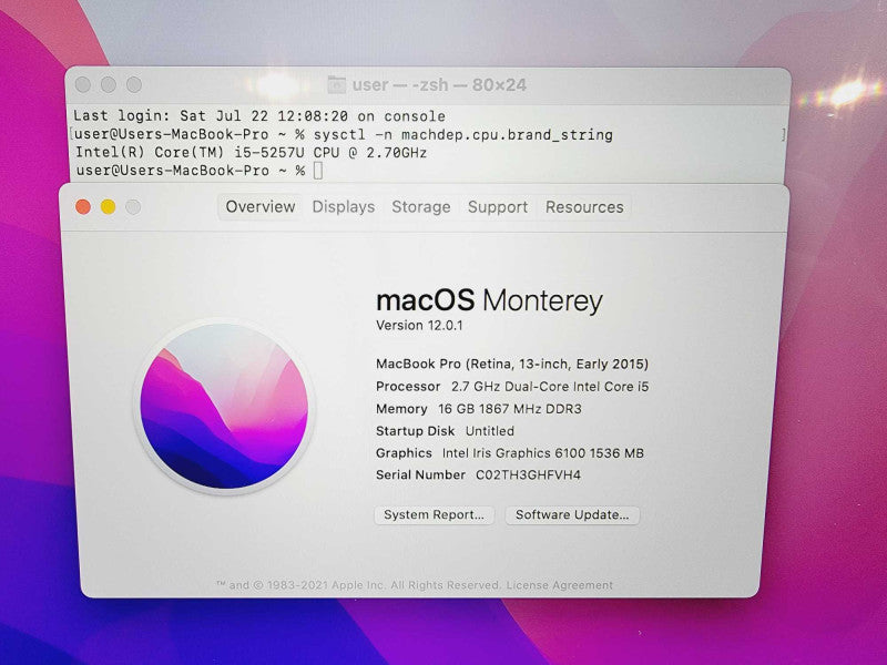 Apple Macbook Pro Retina 2015 13\\" Core i5-5257U @ 2.7GHz 16GB DDR3 250GB SSD (