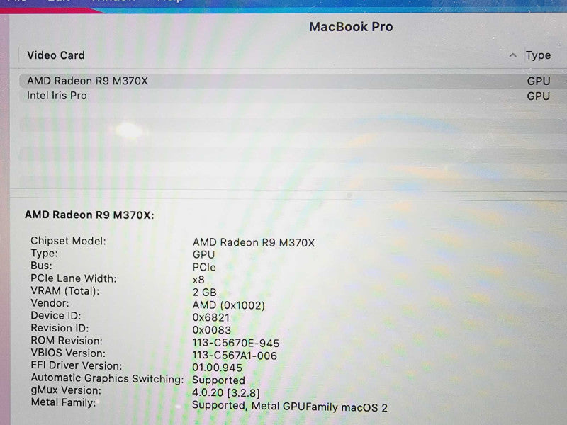 Apple Macbook Pro Retina 2015 15\\" Core i7-4980HQ @ 2.8GHz 16GB DDR3 250GB SSD R9 M370x 2GB (