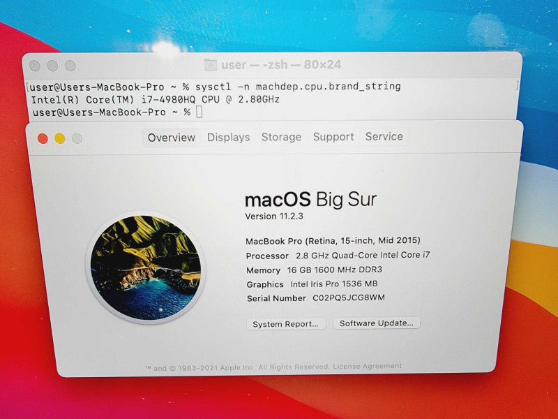 Apple Macbook Pro Retina 2015 15\\" Core i7-4980HQ @ 2.8GHz 16GB DDR3 250GB SSD R9 M370x 2GB (