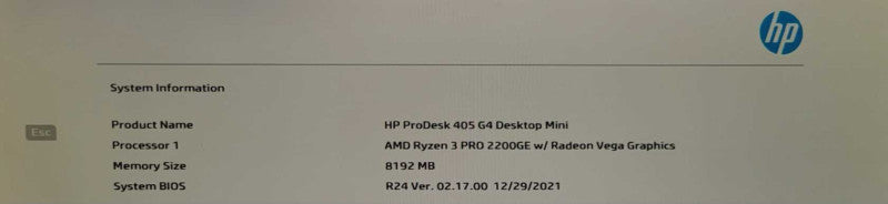 HP ProDesk 405 G4 Mini - Ryzen3 PRO 2200GE - 8GB DDR4 - NoHDD - Power Adapter Q