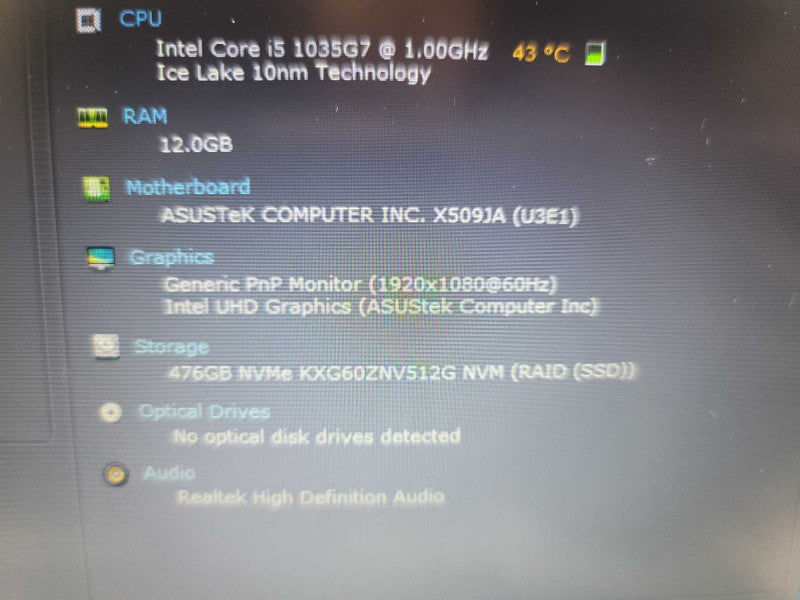 ASUS NoteBook X509J i5-1035G7@ 1.00GHz, 12GB DDR4, 512GB M.2 **NO BATTERY** Î²