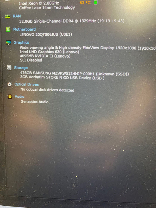 Lenovo ThinkPad P1 Laptop Xeon E2276M QuadroT2000 4GB 32GB RAM 512GB SSD READ