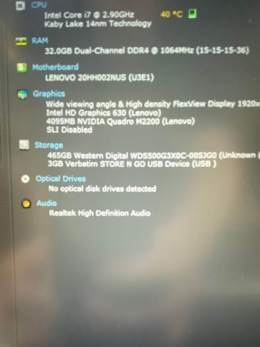 Lenovo ThinkPad P51 Laptop Core i7-7820HQ Quadro M2200 4GB 32GB RAM 512GB SSD