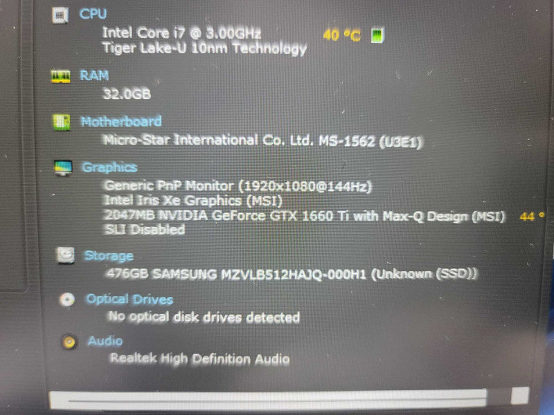 MSI Stealth 15M i7-1185G7 @ 3GHz, 32GB DDR4, 2GB GeForce GTX 1660 Ti, 512GB  Î²