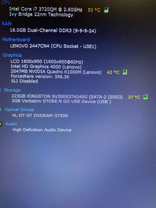 Lenovo ThinkPad W530 IntelCore i7-3720QM Quadro K1000M 2GB 16GB RAM 240GB SSD