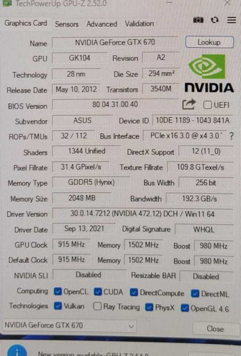 ASUS NVIDIA GTX 670 2GB DirectCUII Q