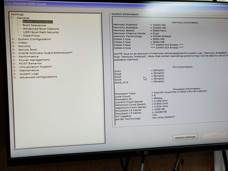 Dell Precision 3630 Tower - Intel i7-8700 @ 3.20 GHZ 16GB DDR4 Q