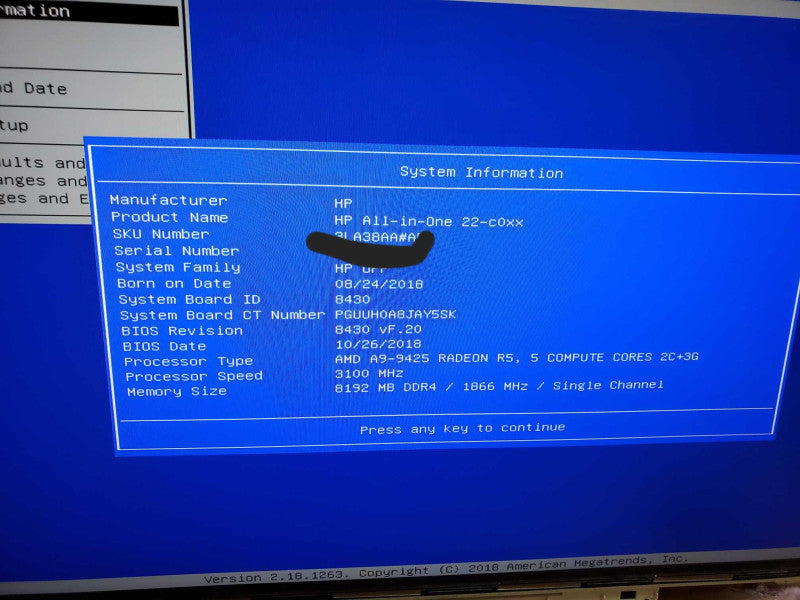 HP 22 ALL-IN-ONE DESKTOP c0009, AMD A9-9425 Radeon R5 @ 3.1 GHz, 8 GB DDR4