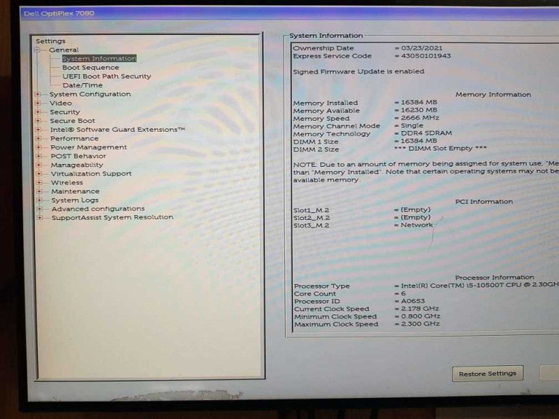 Dell Optiplex 7080 Micro Mini Core i5-10500T  CPU @  2.30 GHz 16GB DDR4 Q