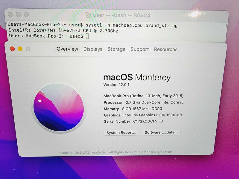 Apple Macbook Pro Retina 2015 13\\" Core i5-5257U @ 2.7GHz 8GB DDR3 120GB SSD (