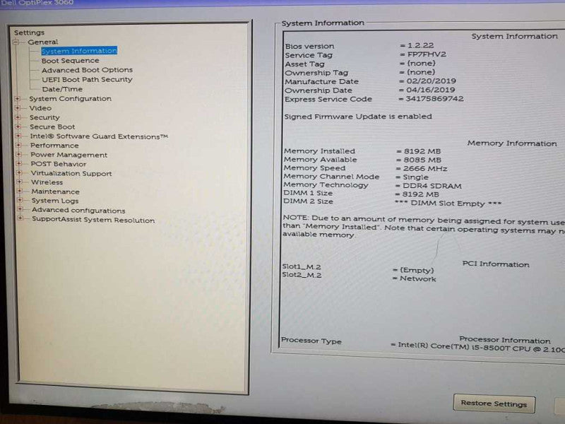 Dell Optiplex 3060 Mini Desktop i5-8500T CPU  @ 2.10GHz 8GB RAM