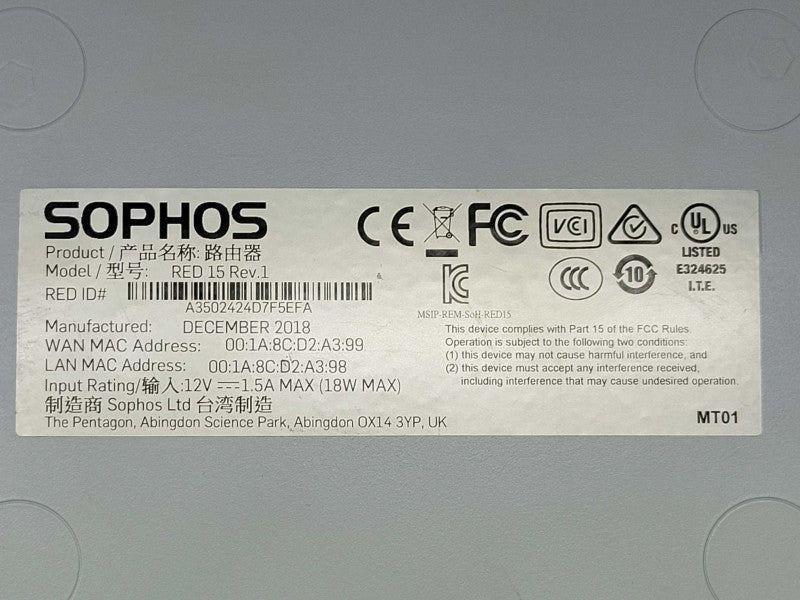 Sophos RED 15w Firewall 4-Port Ethernet Firewall Security Appliance v1.5