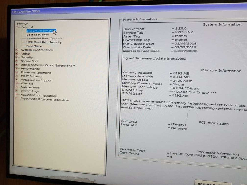 Dell Optiplex 3050 i5-7500T CPU @  2.70GHz  8G DDR4 Ram