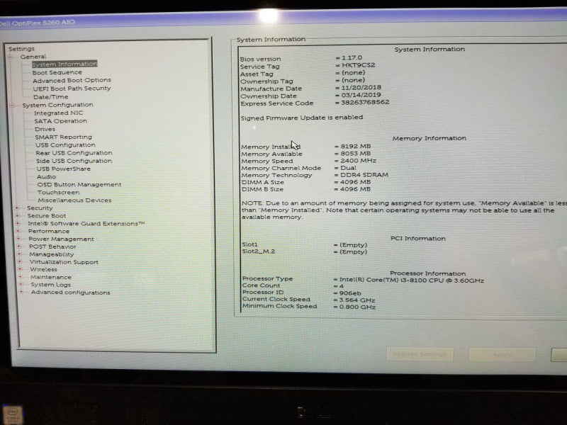 Ddll Optiplex 5260 AiO i3-8100 @ 3.60ghz / 8gb ram / 128GB ssd / TOUCH #