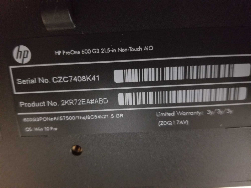 HP ProOne 600 G3 21.5in Non-Touch AiO i5-7500 @ 3.40ghz / 8gb ram / 128gb SSD #