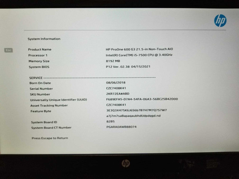 HP ProOne 600 G3 21.5in Non-Touch AiO i5-7500 @ 3.40ghz / 8gb ram / 128gb SSD #