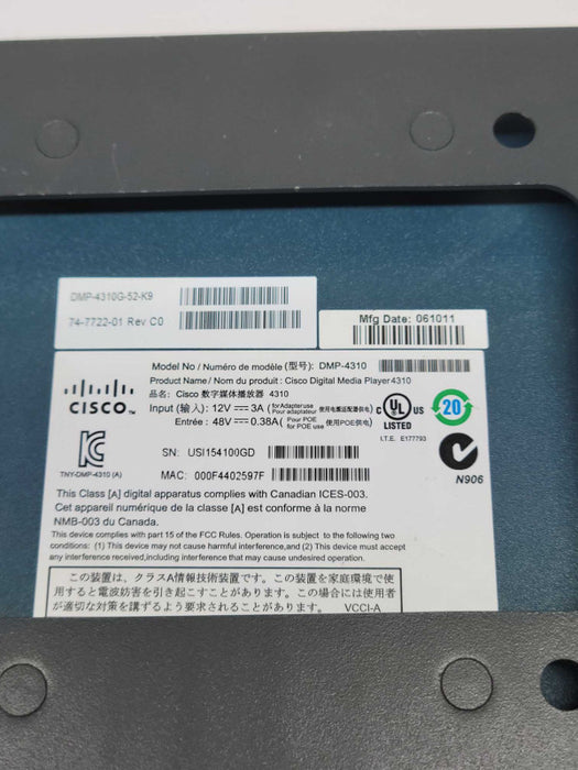 Cisco DMP-4310G-52-K9 Digital Media Player Digital Multimedia Receiver w/CAGE