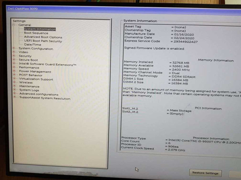 Dell OptiPlex 3070 Micro Intel Core i5-9500T CPU @  2.20Ghz 32GB