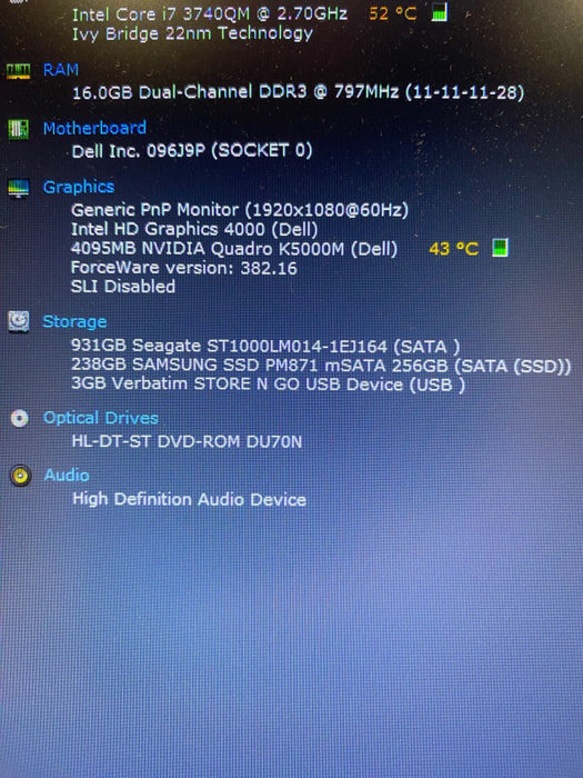 DELL PRECISION M6700 i7-3740QM Quadro K5000M 4GB 16GB RAM 256GB SSD 1TB READ
