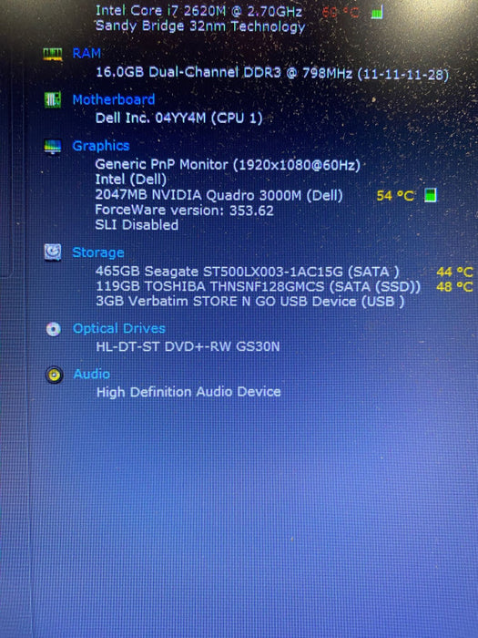 DELL PRECISION M6600 i7-2620M Quadro 3000M 2GB 16GB RAM 128GB SSD 500HDD READ
