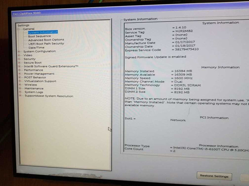 Dell OptiPlex 3040  i3-6100T CPU  @ 3.20GHz - 16GB  Q