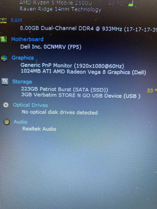 Dell Inspiron 3585 Laptop AMD Ryzen5 2500U Radeon Vega8 1GB 8GB RAM 240GB SSD