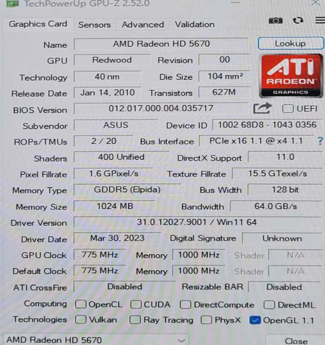 ASUS ATI Radeon HD 5670 1GB PCIE
