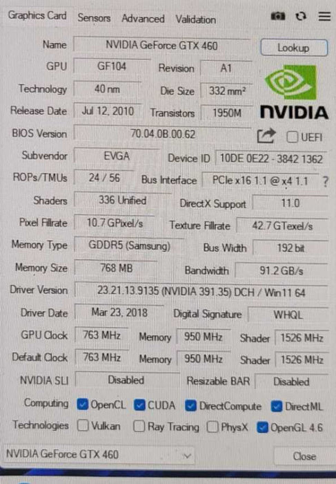 EVGA NVIDIA GeForce GTX 460 768MB PCIE