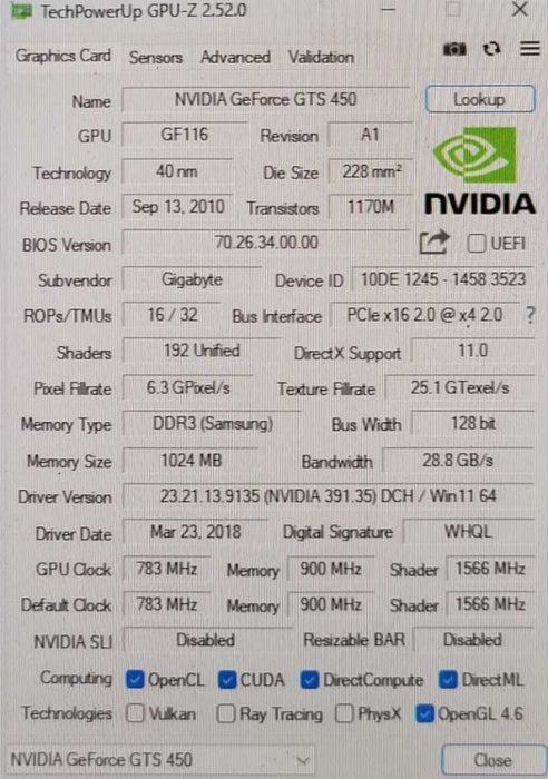 GIGABYTE NVIDIA GTS 450 1GB PCIE
