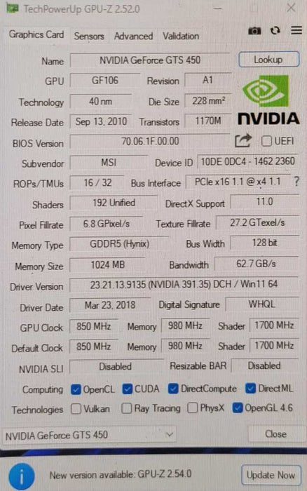 MSI NVIDIA GEFORCE GTS 450 1GB PCIE