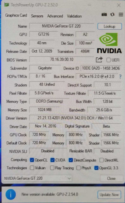 GIGABYTE NVIDIA GEFORCE GT 220 1GB PCIE