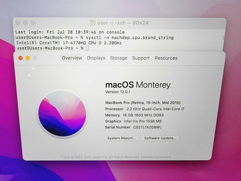 Apple Macbook Pro Retina 2015 15\\" Core i7-4770HQ @ 2.2GHz 16GB DDR3 250GB SSD (