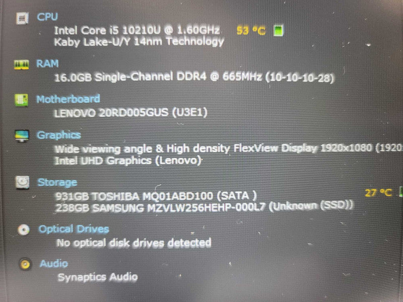 Lenovo ThinkPad E15 i5-10210U, 16GB DDR4, 256GB SSD + 1TB HDD **Dented case QÎ²