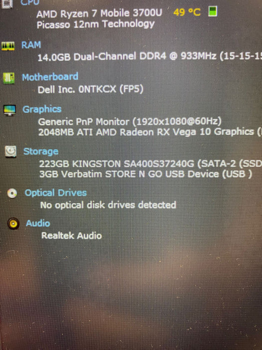 DELL Inspiron 5585 AMD Ryzen 7 3700U ATI Radeon RX Vega 10 16GB RAM 240GB SSD Q