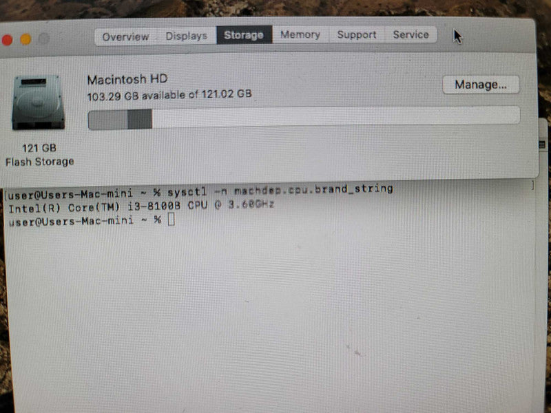Apple Mac Mini 2018 A1993, i3-8100B @ 3.60GHz, 8GB DDR4, 128GB On-board SSD Î²