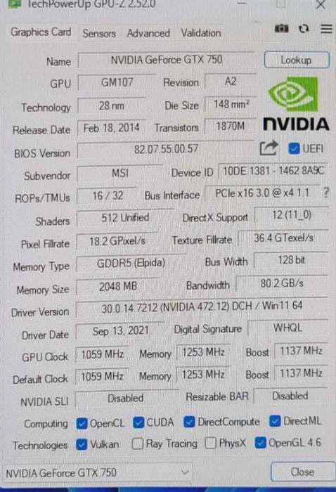 MSI NVIDIA GTX 750 2GB PCIE