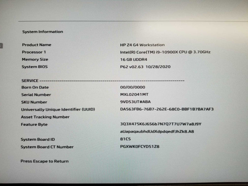 HP Z4 G4 Workstation i9-10900X @ 3.70ghz / 16gb ram / Quadro K2200 #