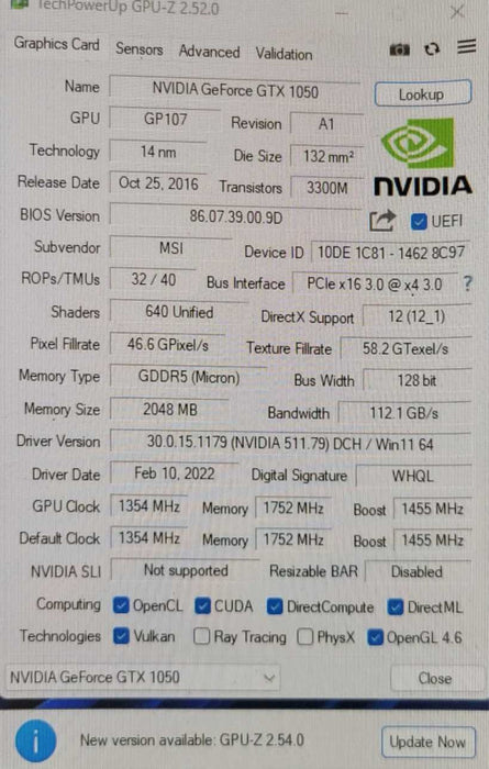 MSI NVIDIA GTX 1050 2GB PCIE LOW-PROFILe with Full Bracket
