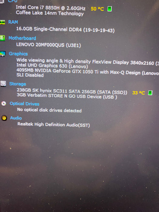 Lenovo X1 Extreme Laptop i7-8850H 4K Touch GTX1050Ti 4GB 16 GB RAM 256 GB