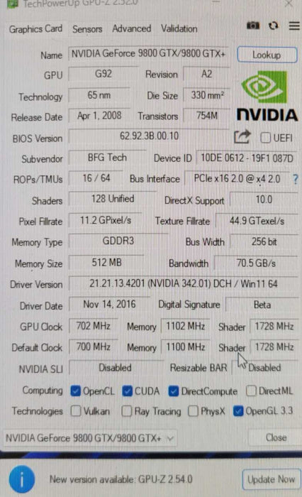 BFG TECH NVIDIA 9800 GTX OC2 512MB PCIE