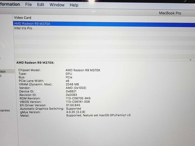 Apple Macbook Pro Retina 2015 15\\" Core i7-4870HQ @ 2.5GHz 16GB DDR3 500GB SSD R9 M370X 2GB (