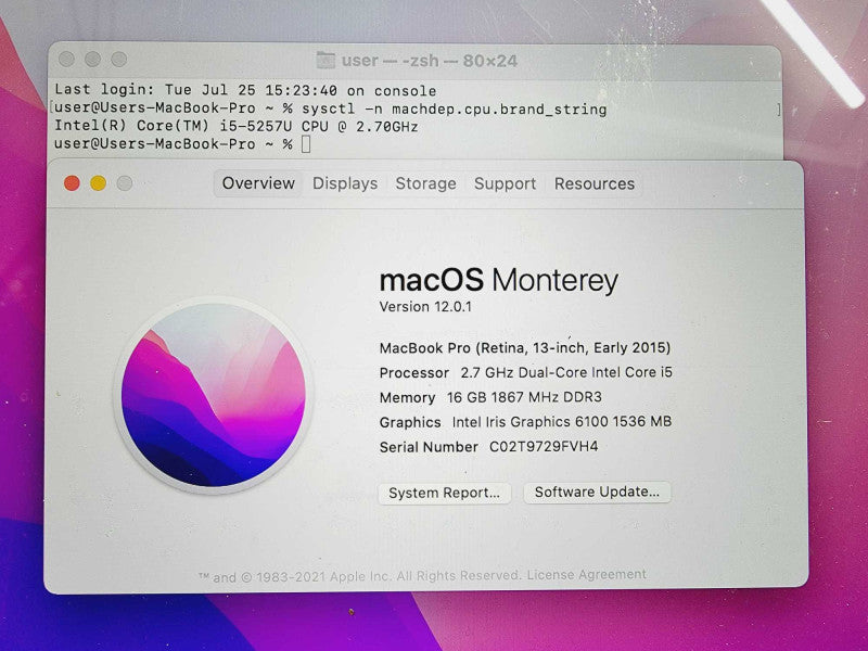 Apple Macbook Pro Retina 2015 13\\" Core i5-5257U @ 2.7GHz 16GB DDR3 250GB SSD [Read] (